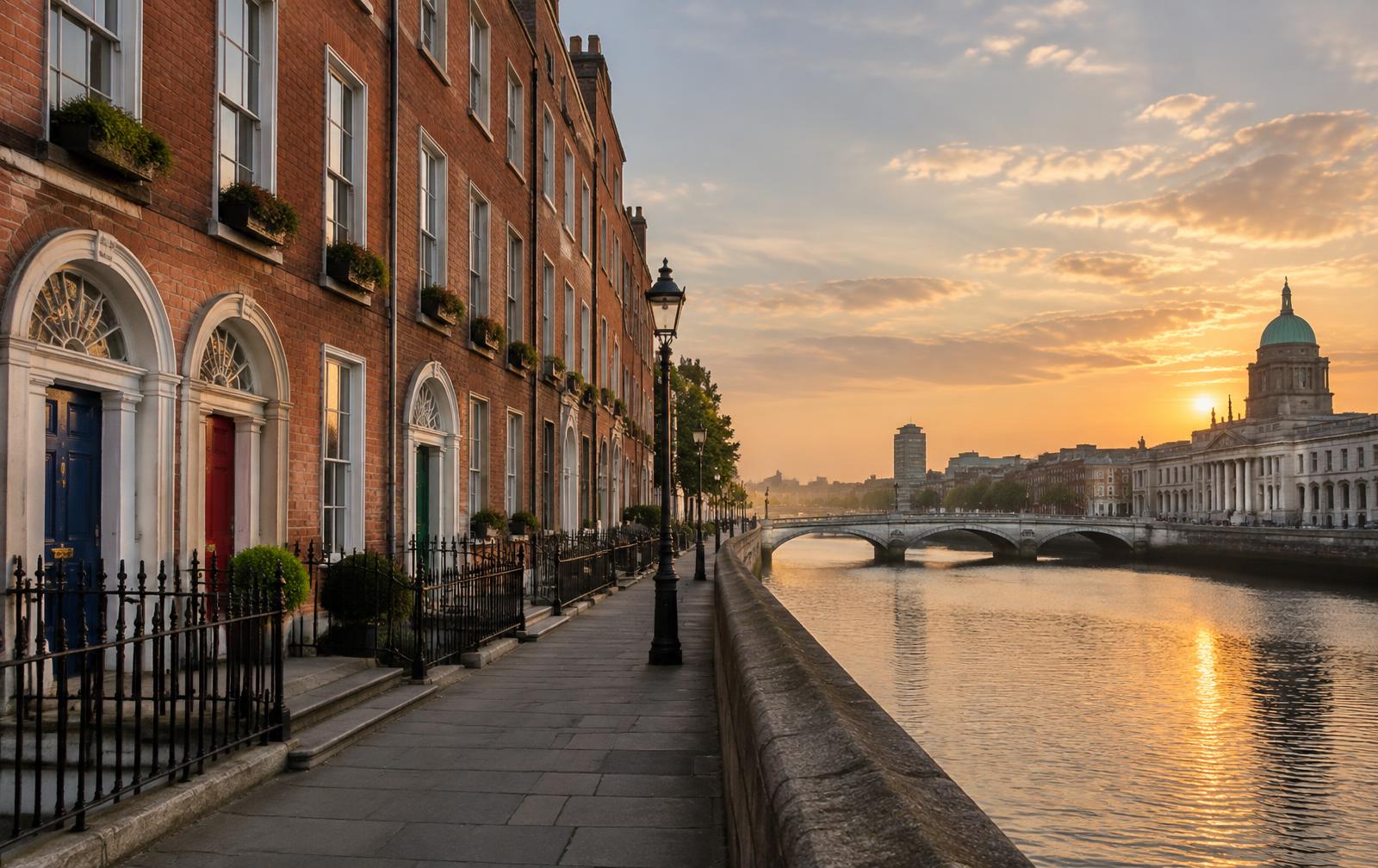 Georgian terraces along the River Liffey in Dublin at sunset